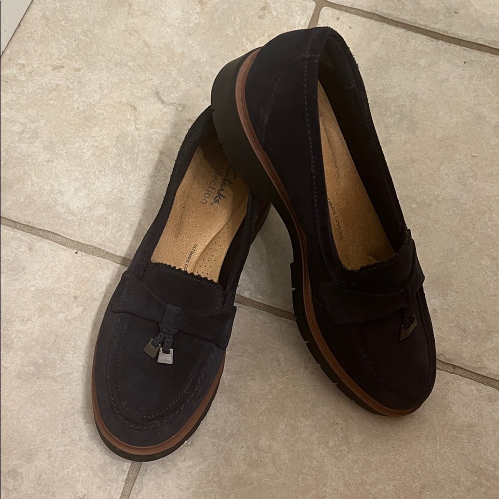 Navy Suede Clarks Westlynn Bella Leather Slip-On Loafers with Tassels Size 8.5 - Picture 2 of 16